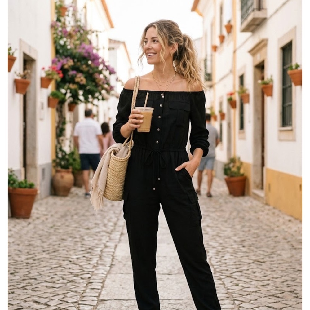 Off-Shoulder Black Utility Jumpsuit